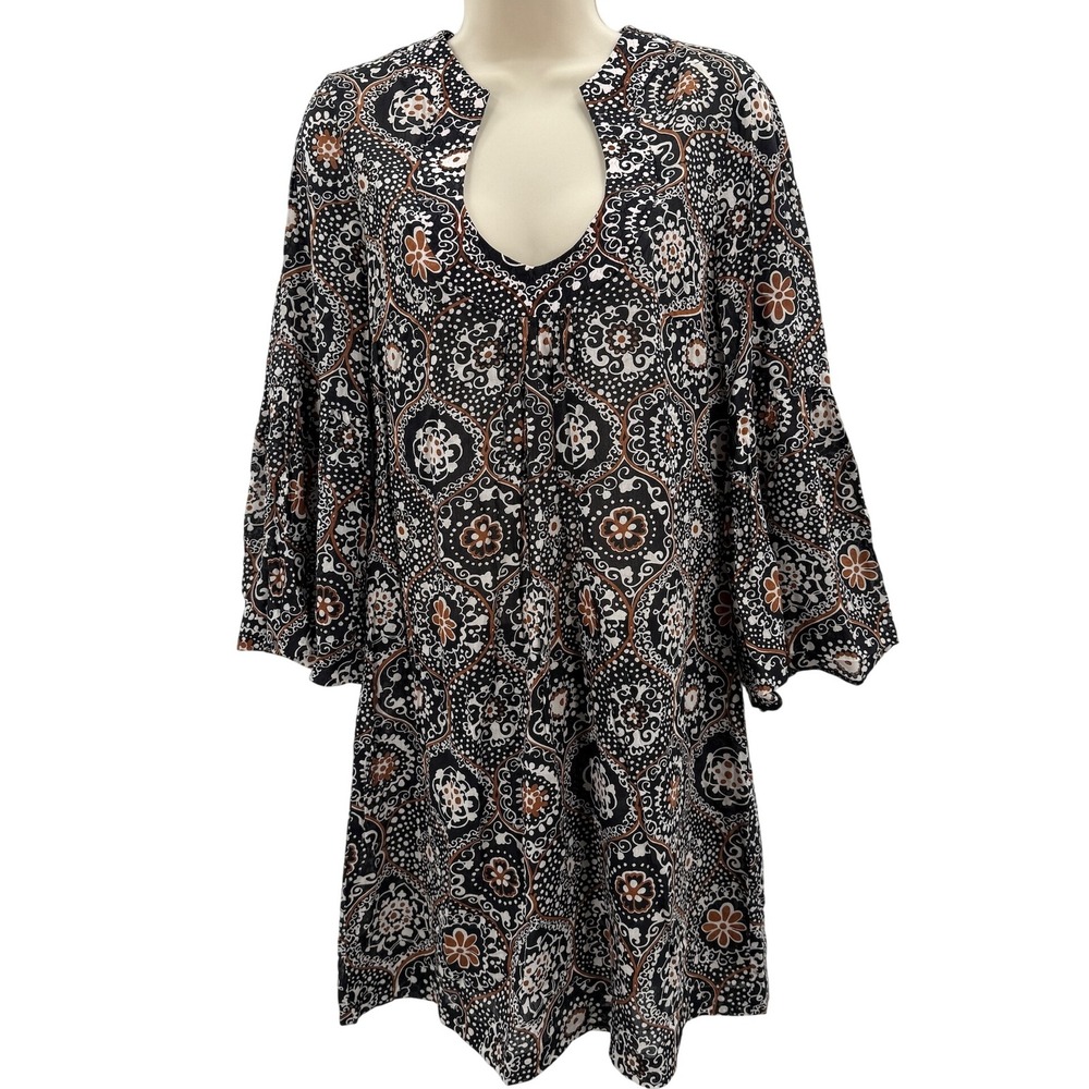 Trina Turk Floral Eclectic Print Shear Cotton‎ Silk Dress Brown Black Size 6
